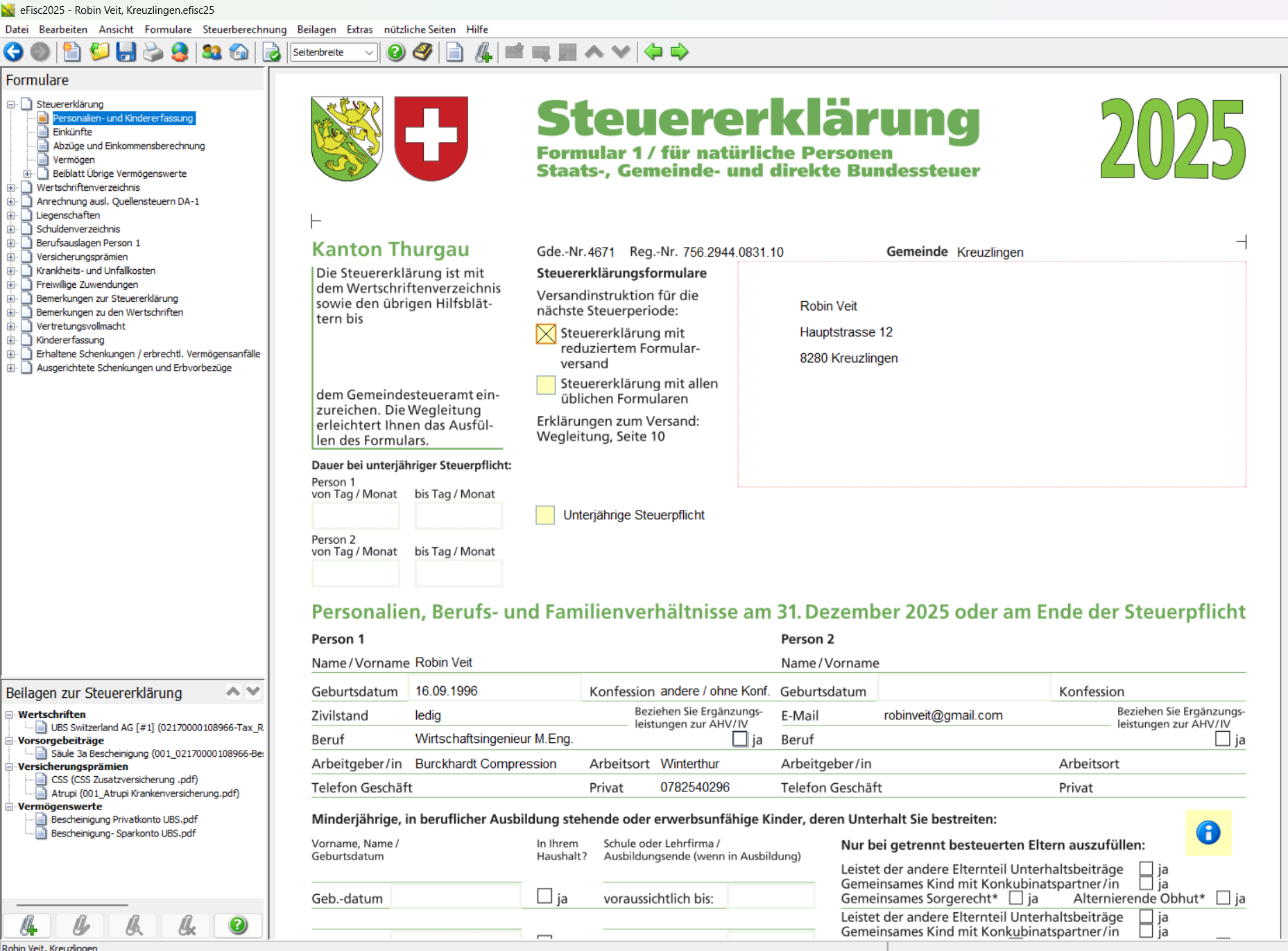 Screenshot der eTax Thurgau Software zur Erfassung von Säule 3a und Wertschriften im ordentlichen Verfahren