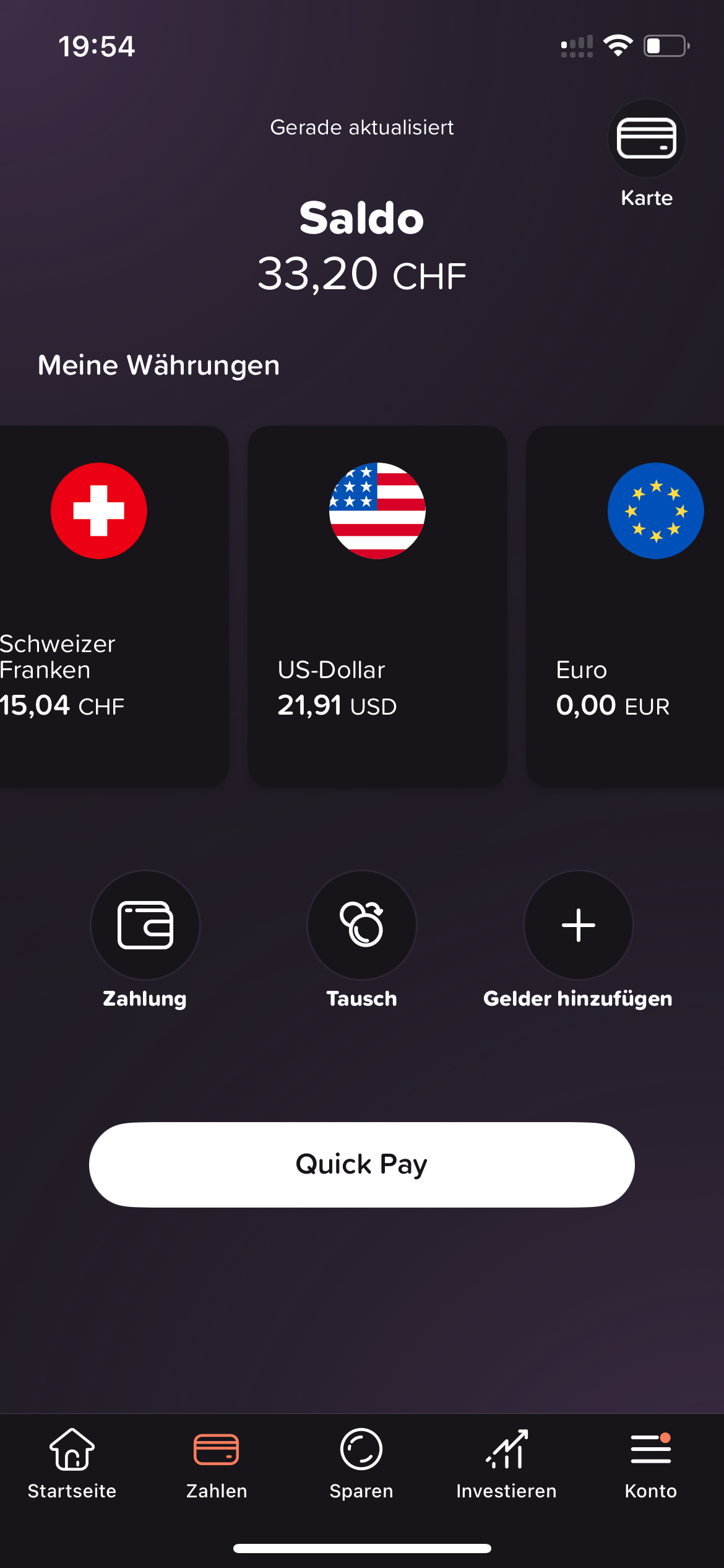 Yuh Multi-Währungskonto App Screenshot CHF EUR USD